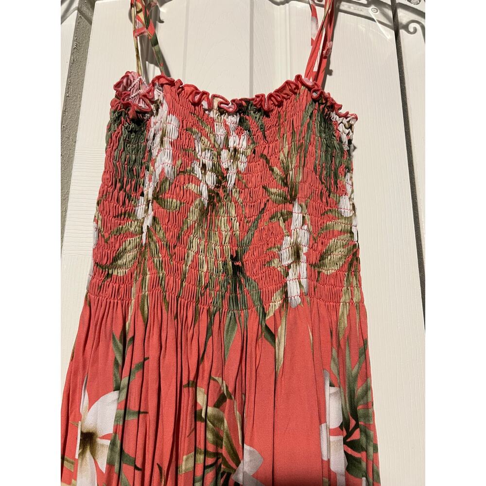 Royal Creations Women’s XL Tropical Maxi Dress Coral Floral Smocked Hawaii EUC - Picture 2 of 6